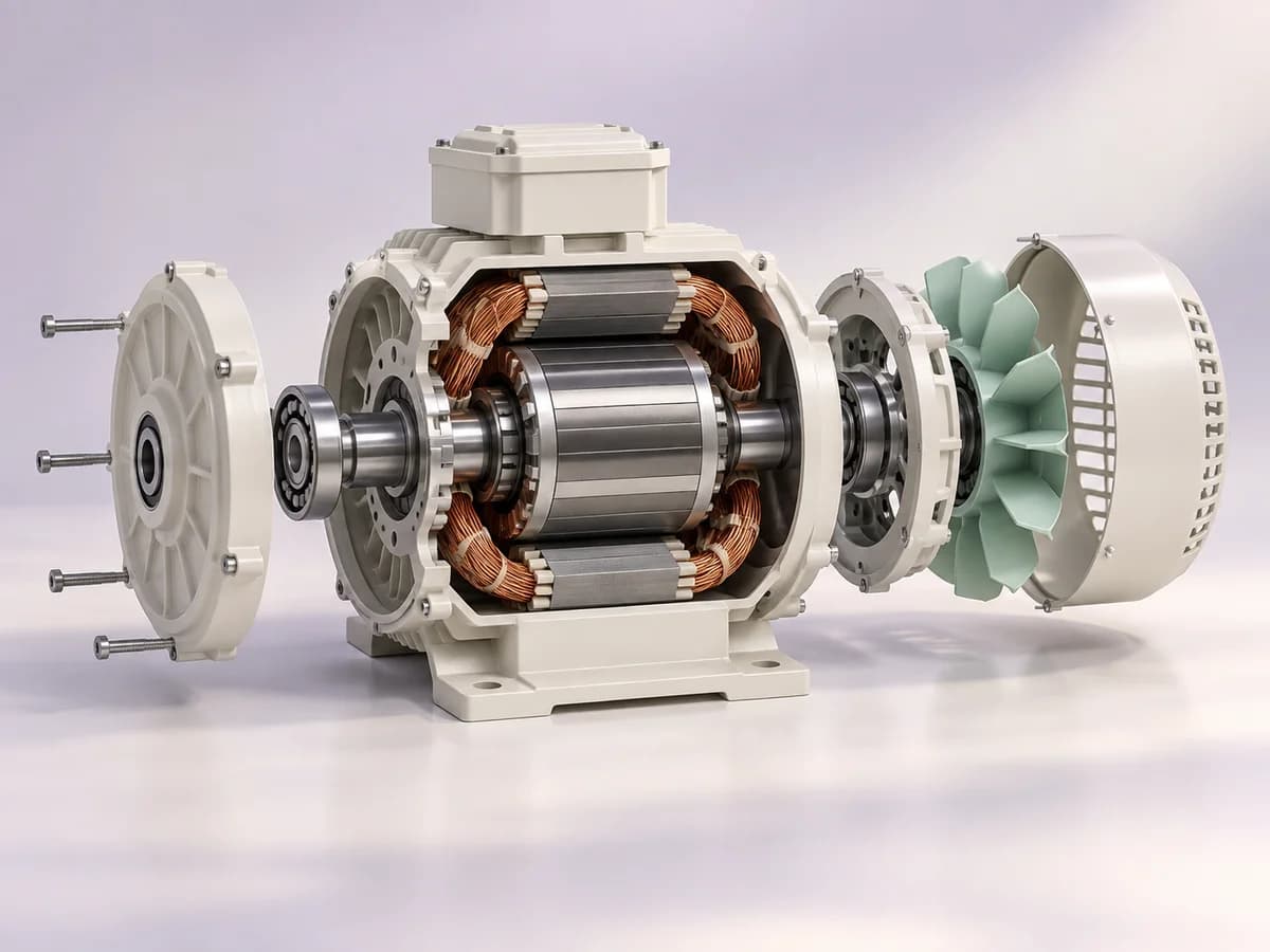 Moteur électrique en coupe avec son rotor et son ventilateur visibles.