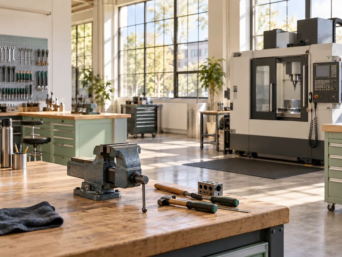Atelier lumineux avec un établi et une machine à explorer.
