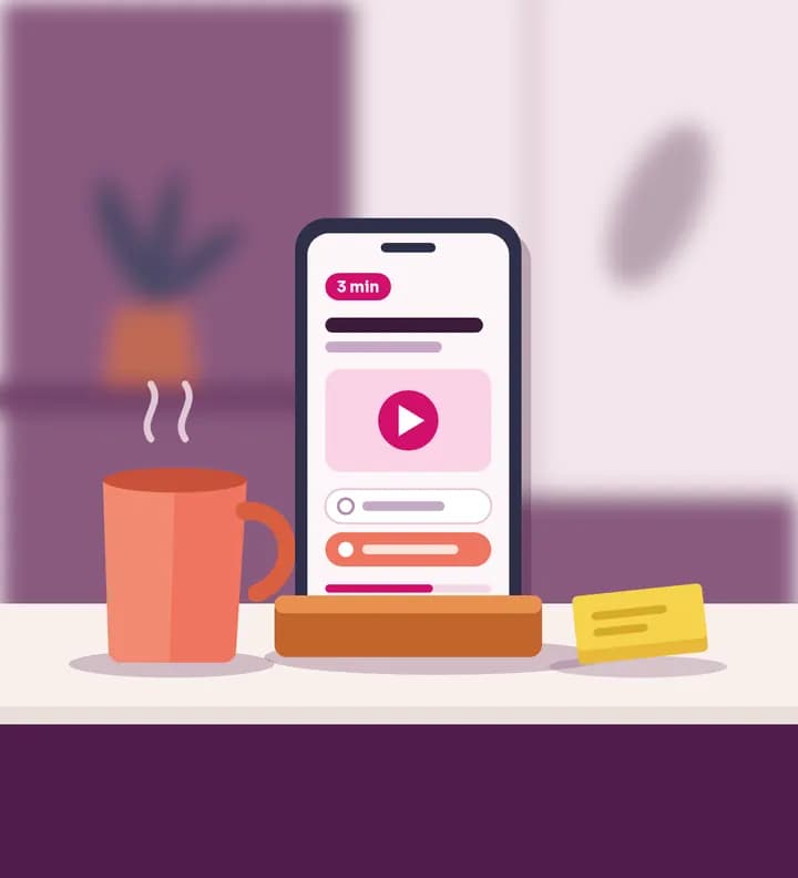 Smartphone posé sur un bureau affichant un module de microlearning de 3 minutes