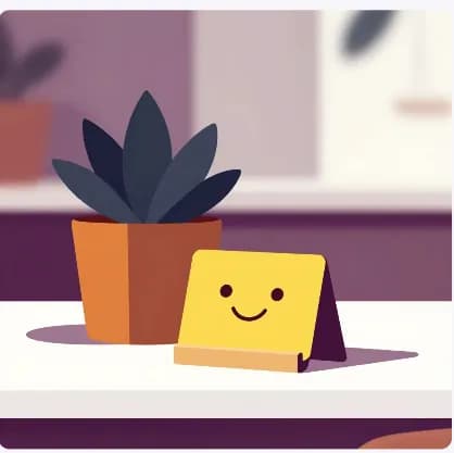 Une plante verte et un pense-bête jaune souriant posés sur un bureau